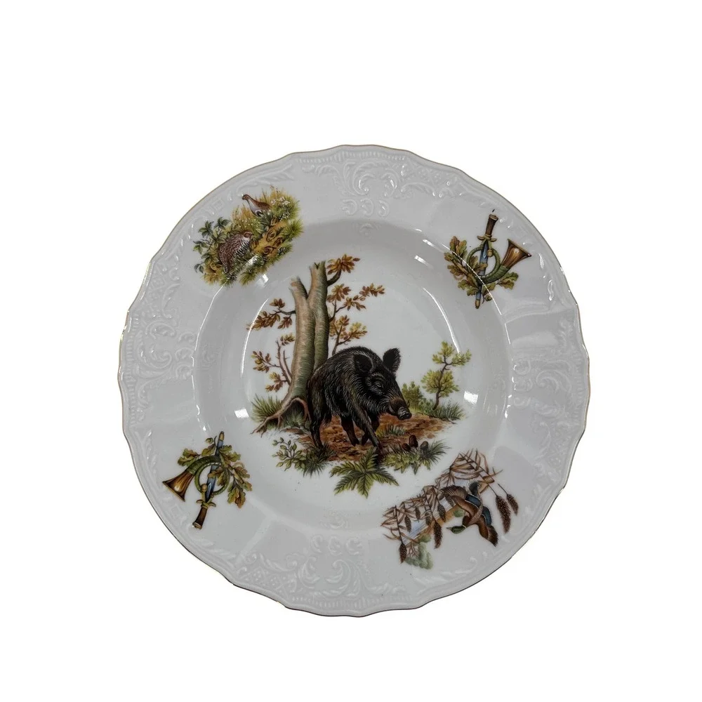 Bernadotte‎ Soup Bowl White Wild Boar Hunting Scene Fine Boheme Gold Rim